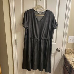 Agnes Orinda Women's Plus Size Tie Waist Short Sleeve Gray Chambray Dress, 1X